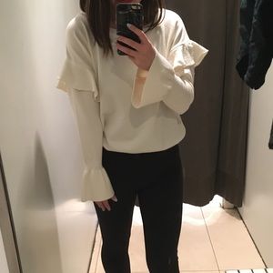 Zara White Cropped Ruffle Sleeve Sweater